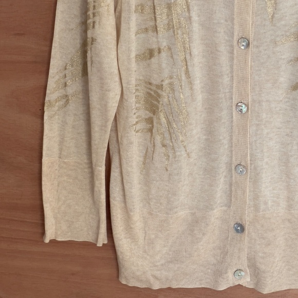 ST. JOHN Beige Semi-Sheer Thin Knit Cardigan Sweater Sz L Metallic‎ Gold Print - Picture 3 of 7